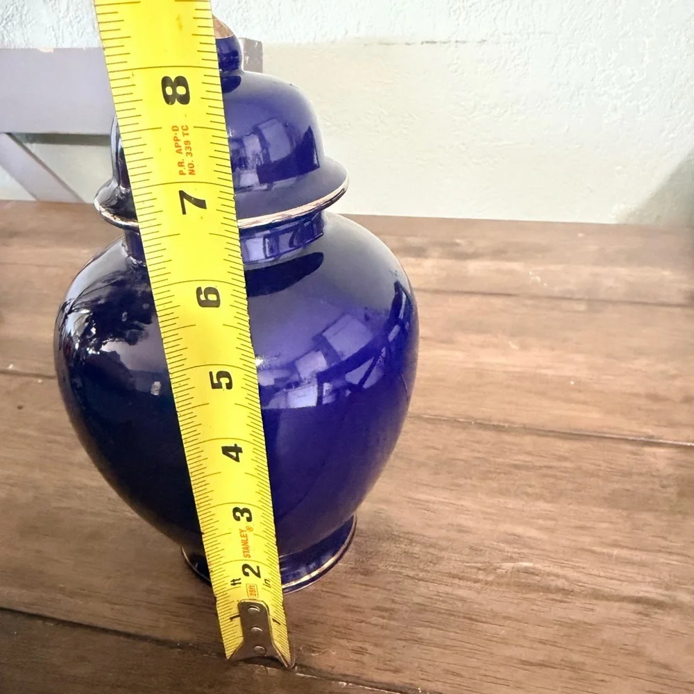 Vintage Cobalt Blue Porcelain Ginger Jar Hand Painted Gold Trim Floral Bird Deco
